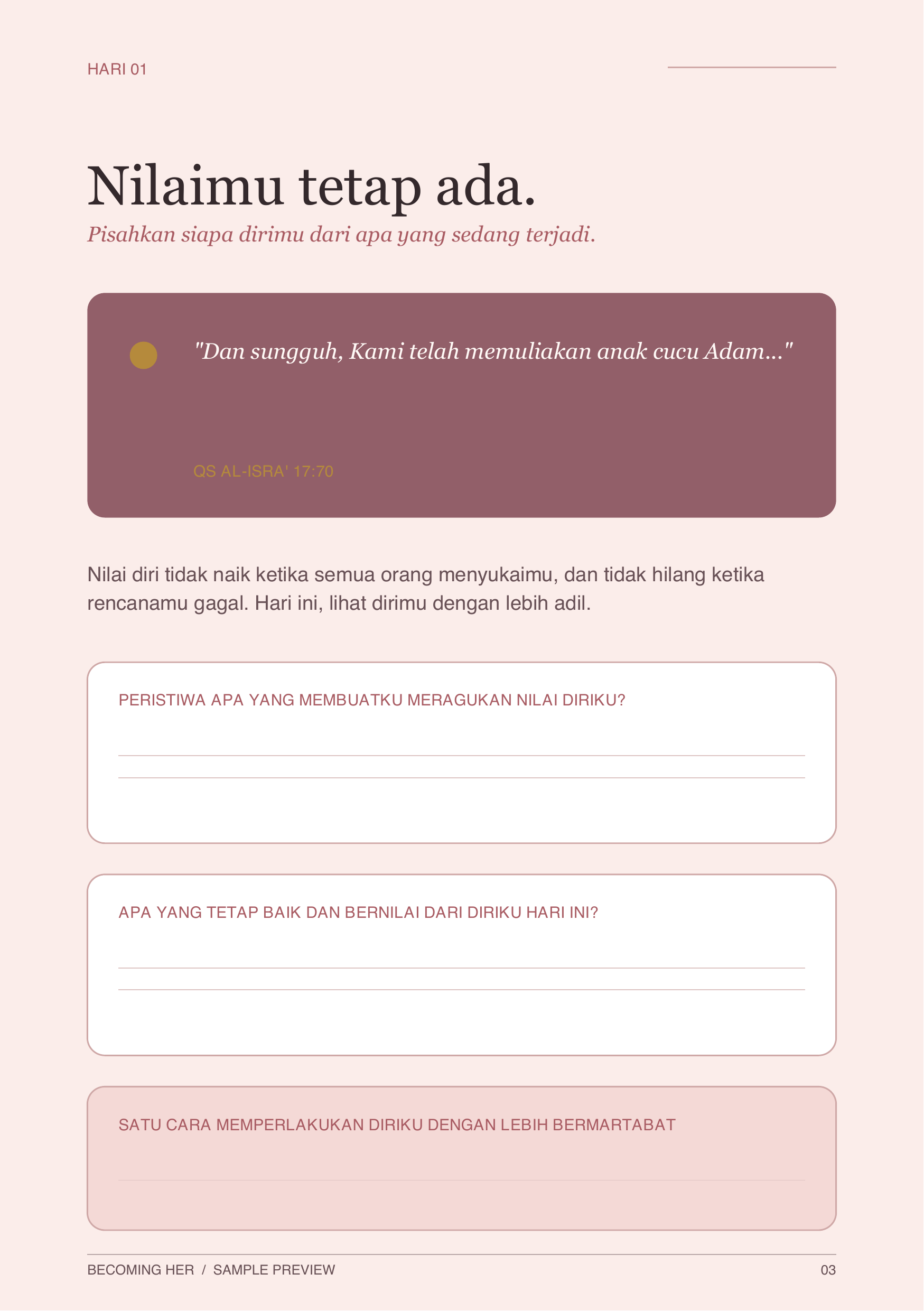 Contoh halaman Hari 01: Nilaimu tidak perlu dibuktikan