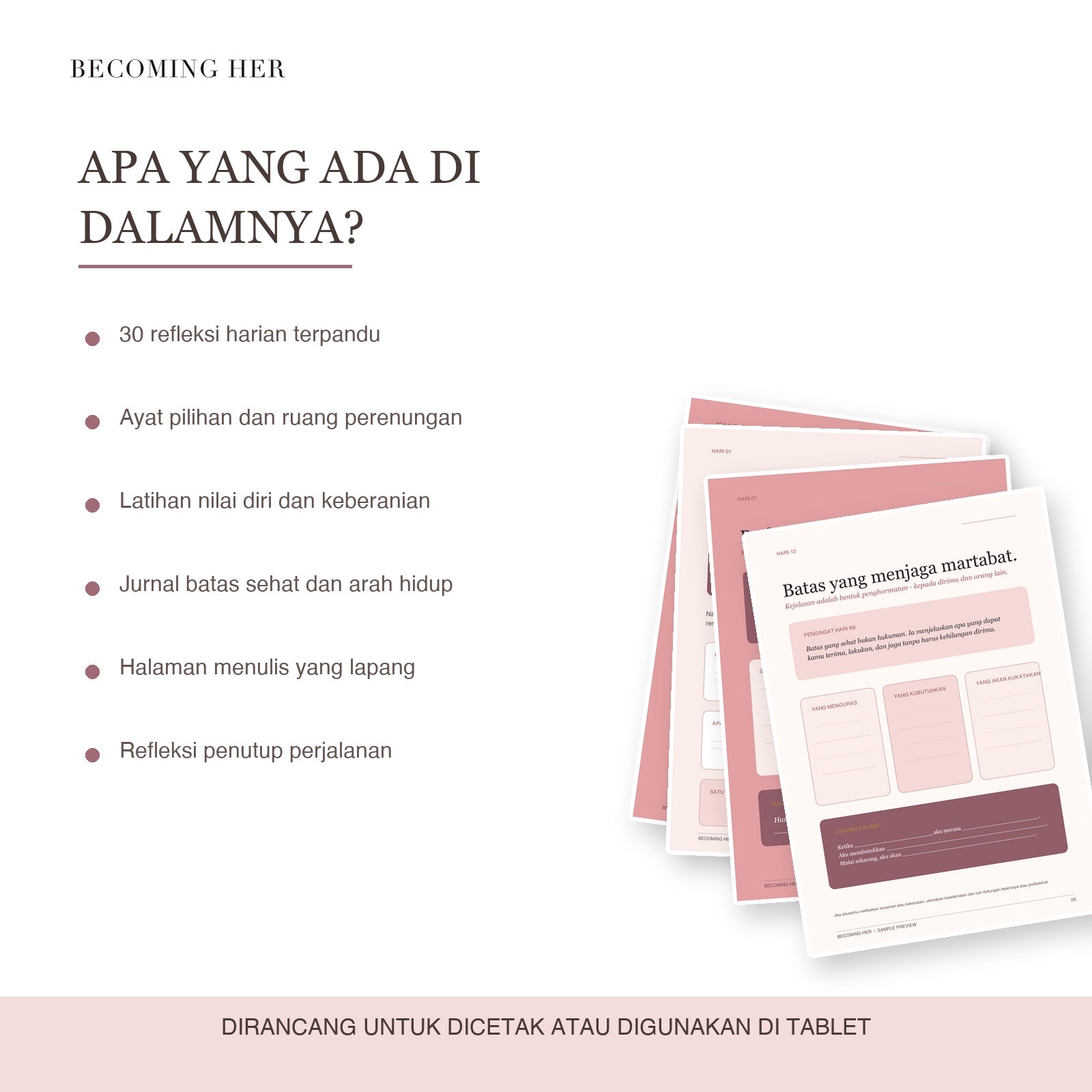 Daftar isi dan contoh halaman Becoming Her